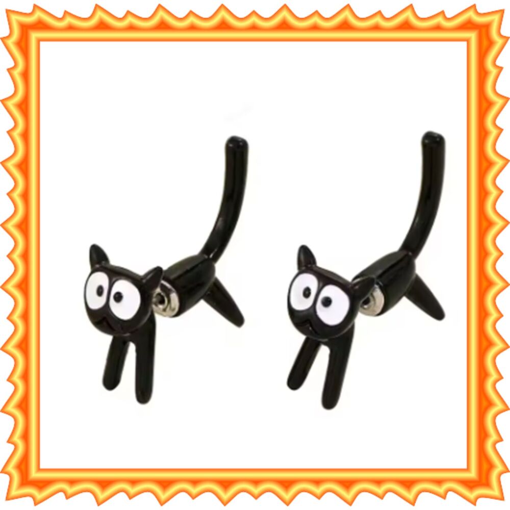 Black Cat Tail & Face 2 Halves Earrings Kitty Cats